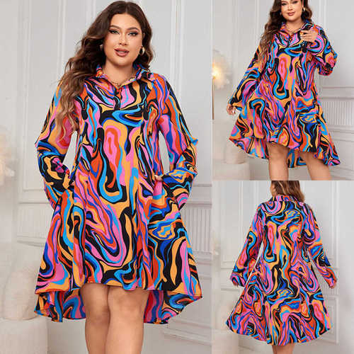 Large print long sleeve women dress plus size fat Lady skirt