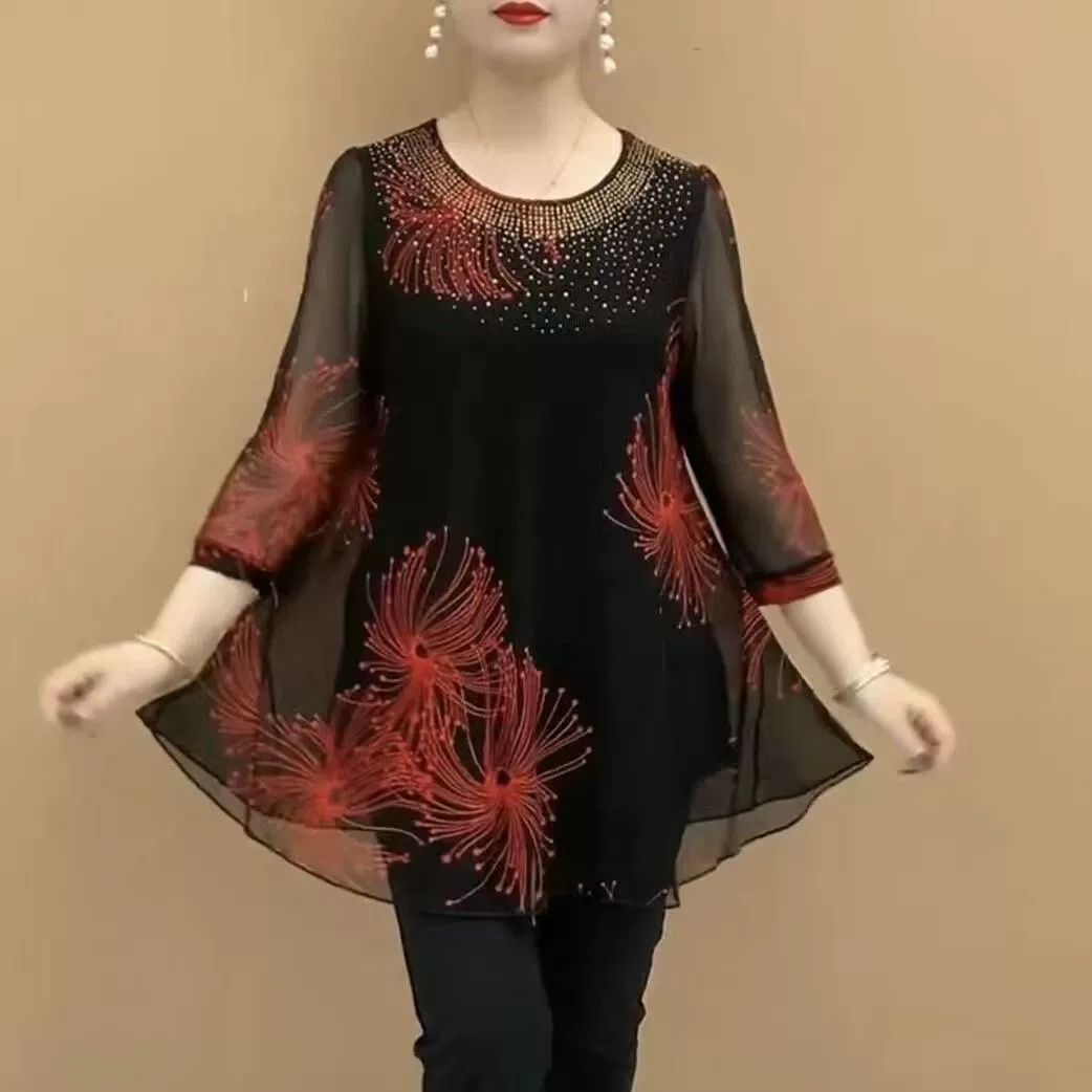 Летняя футболка-сетка три четверти 2024 года, рубашка для мамы среднего и пожилого возраста, летняя мода с круглым вырезом и полуоткрытым вырезом