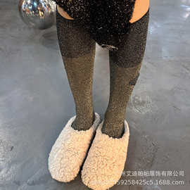 早秋韩国东大门金丝堆堆袜子重工手缝三角布标中筒小腿袜