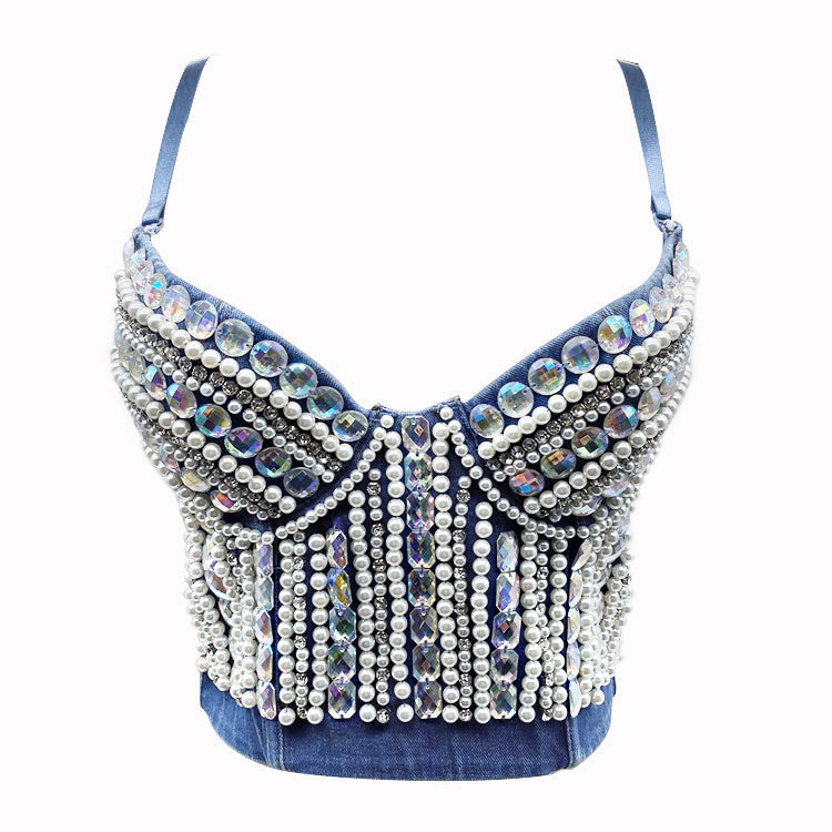 Summer Denim Fishbone Vest Heavy-duty Beaded and Diamond Shaping Breathable Fashionable Outer Wear Bra Slim-fit Sling Women's Sling Summer Denim Fishbone Vest Heavy-duty Beaded and Diamond Shaping Breathable Fashionable Outer Wear Bra Slim-fit Sling Women's Sling