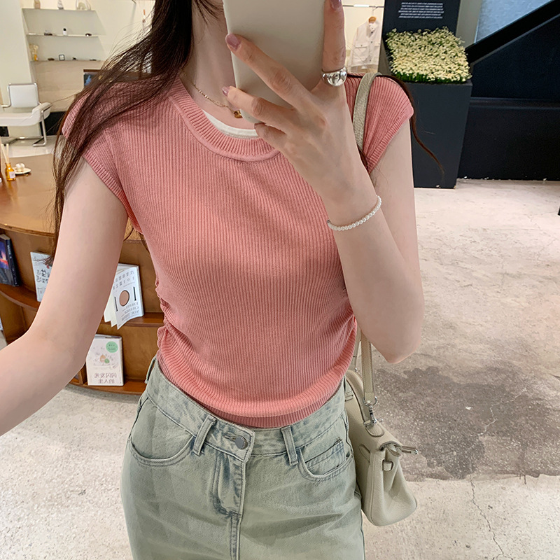 Creamy Yellow Short-Sleeved Knitwear for Women 2025 Summer Elastic Slim Waist Design Bottoming Right Shoulder T-Shirt Top