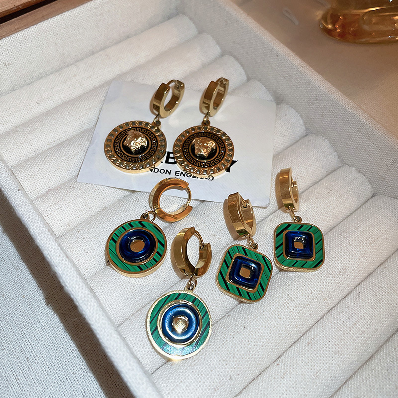 Fashion Round Square Titanium Steel Plating Drop Earrings 1 Pair