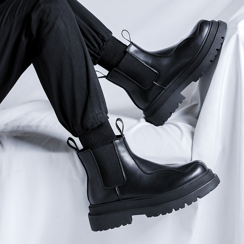 Black Leather Chukka Boots For Men, Trendy Raised Sole Footwear_voghion.com