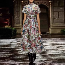 24夏欧美时尚走秀蝴蝶印花气质淑女通勤约会单排扣简约衬衫连衣裙