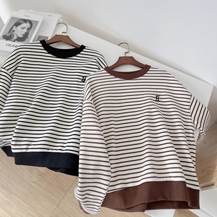 Small Stripesd Sweatshirt for Women 2025 Spring & Fall Pullover Loose Round Neck Korean Long-Sleeved Short Casual Top for Women