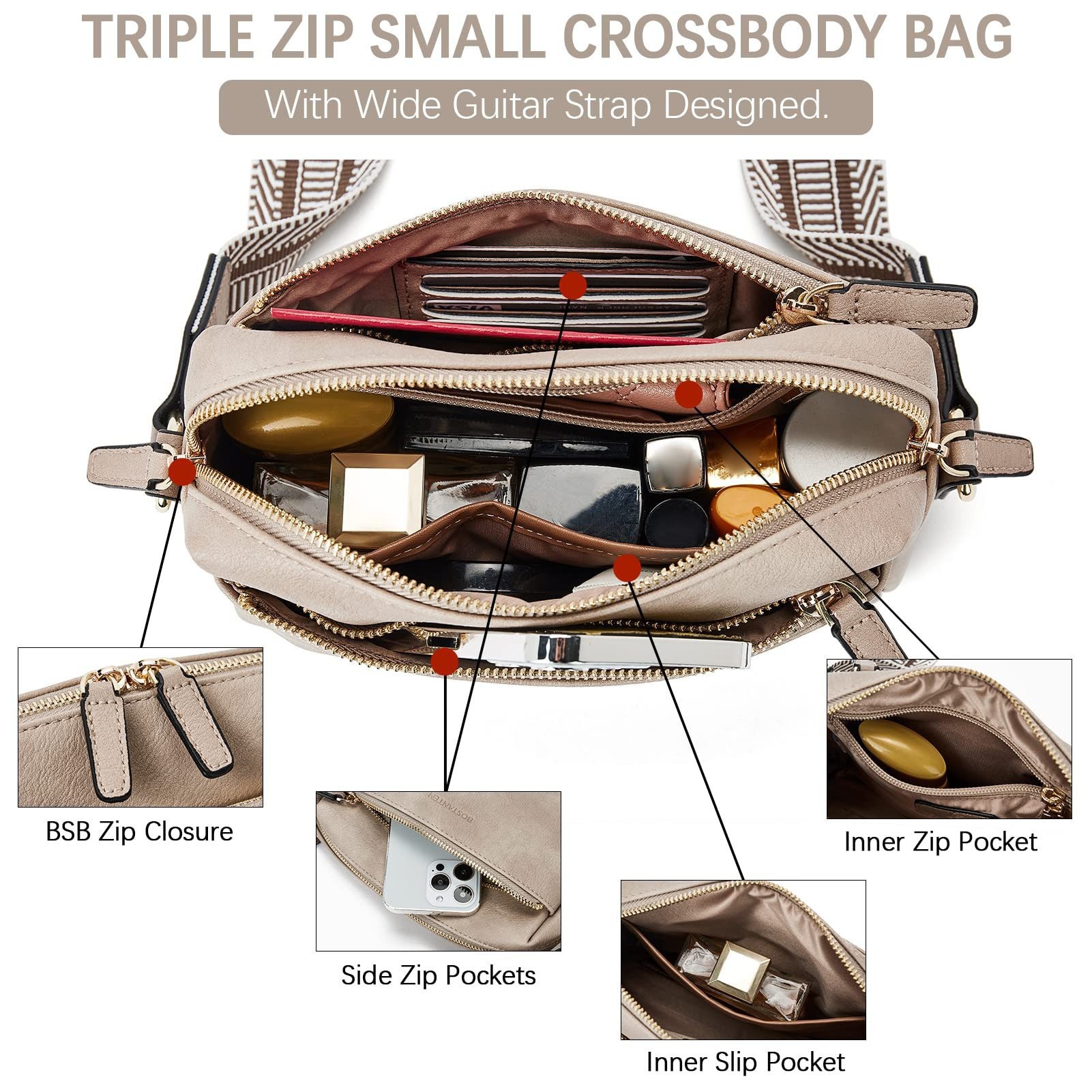 New women's small crossbody bag, three zippered mobile phone newspaper, leather small bag, colored shoulder strap single shoulder bag_voghion.com