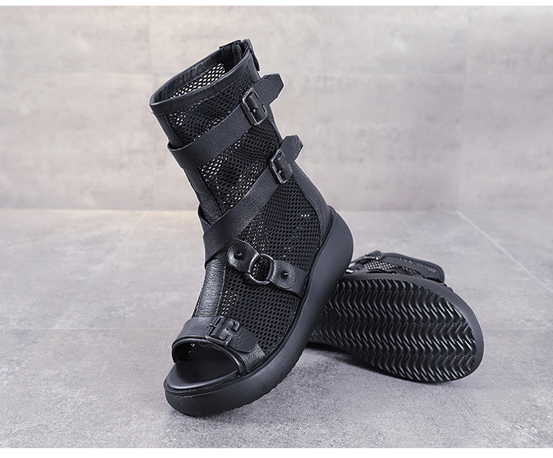 Boot Martin lưới cao gót da thật, ống rỗng đế dày thời trang, chống nước — Màu đen chi tiết 10
