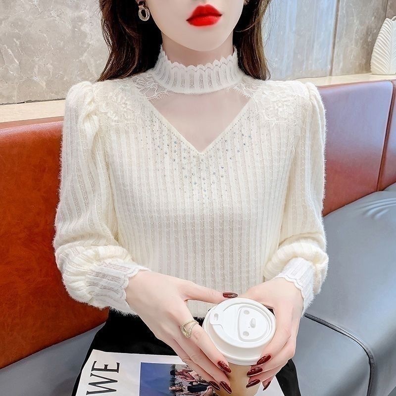 法式名媛洋气半高领蕾丝衬衫女秋冬新款加绒加厚显瘦百搭上衣
