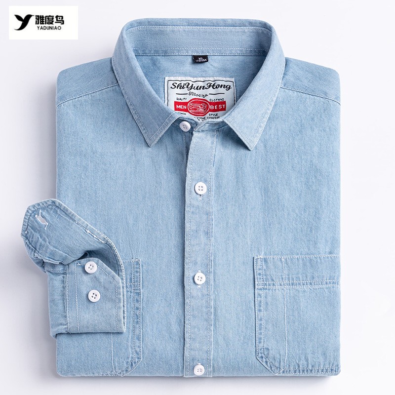 2026 New Men's Pure Cotton Denim Long-Sleeved Shirt, Washed Cotton Casual Hong Kong Style Top, Cardigan, Suitable for All Seasons