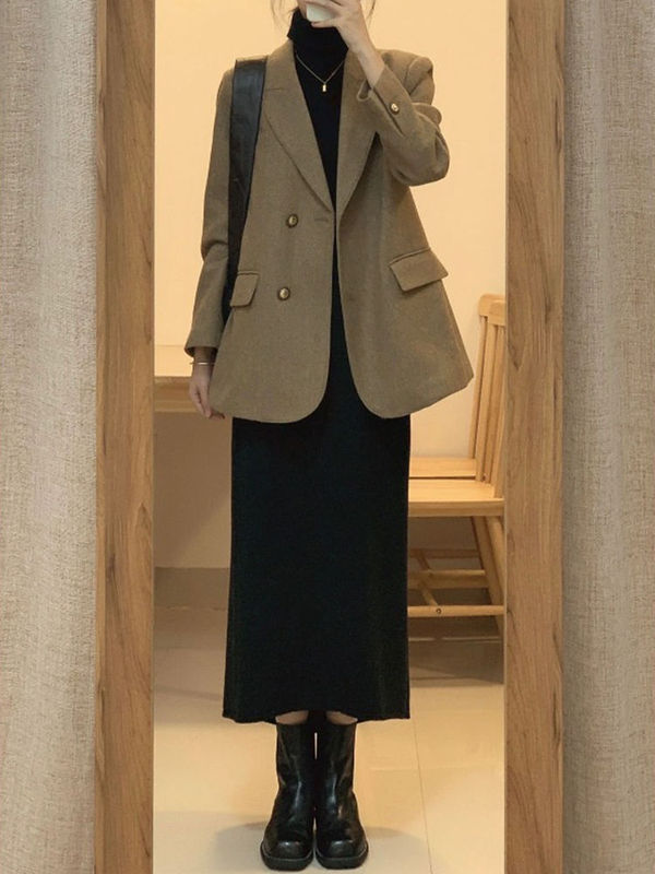 盐系轻熟两件套装高级感毛呢西装外套赫本风针织连衣裙女秋装新款|undefined