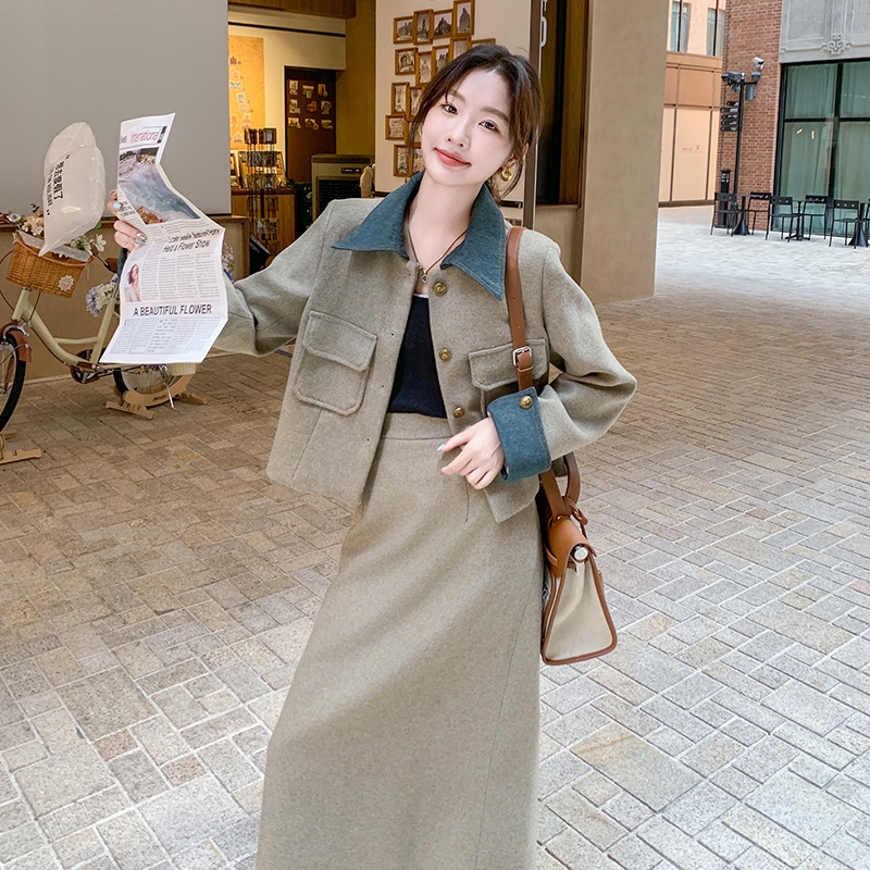 简约大方工装拼接小外套女2025年秋季新款气质休闲半身裙两件套装|undefined