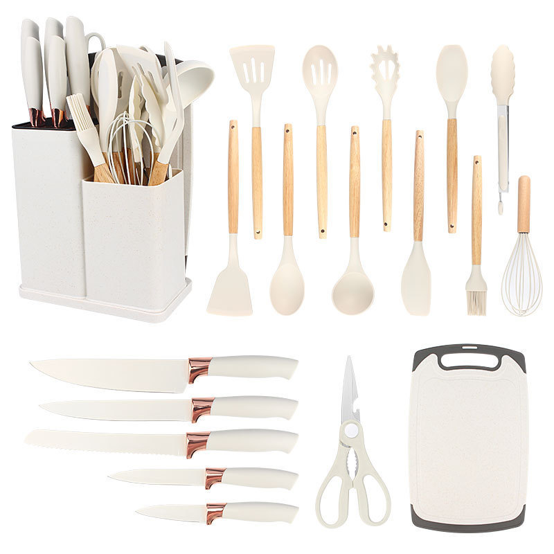 Juego de utensilios de cocina de fábrica de 19 piezas, juego de cuchillos domésticos de silicona, cubo de almacenamiento de cocina, cocina transfronteriza