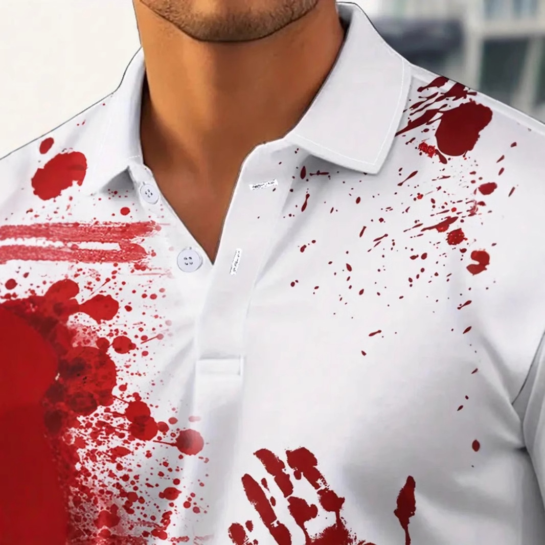 Divertido y divertido estampado de palma manchado de sangre impresión 3D personalidad de la calle de los hombres camisa POLO de manga larga transpirable de malla suelta