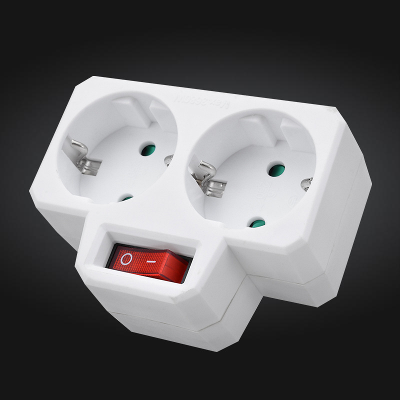 E-020德标一转二电源转换插座带开关欧式标德式国2圆孔转换插座