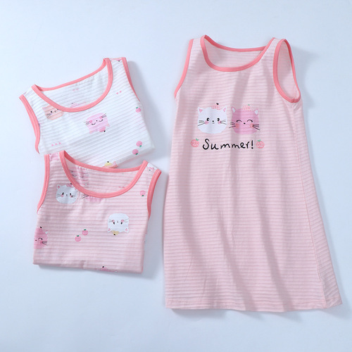 Children's sundress summer thin breathable bamboo cotton girl baby girl sundress vest nightgown new style