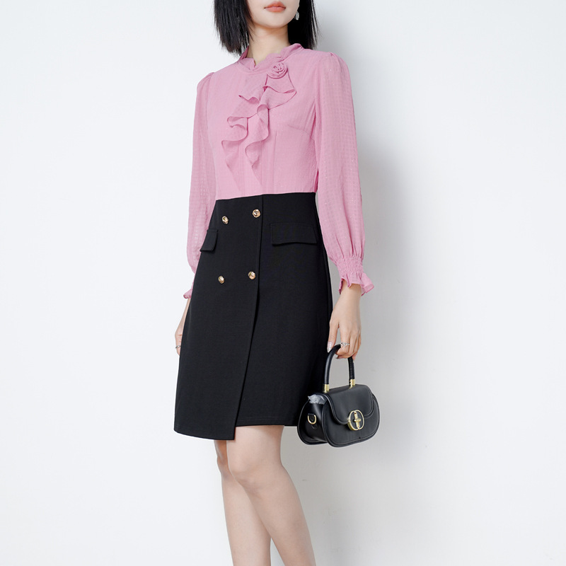 2025 spring new long sleeve stitching chiffon dress commuter temperament fake two fashion shirt long skirt