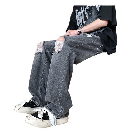 American-style high-street vibe ripped denim jeans for men, summer thin straight-leg trendy brand pants—casual floor-length trousers for spring and autumn