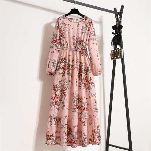 Floral chiffon long dress for women, spring outfit with long sleeves and round neck, base layer dress with waist-cinching for a slimming effect, full-length evening dress