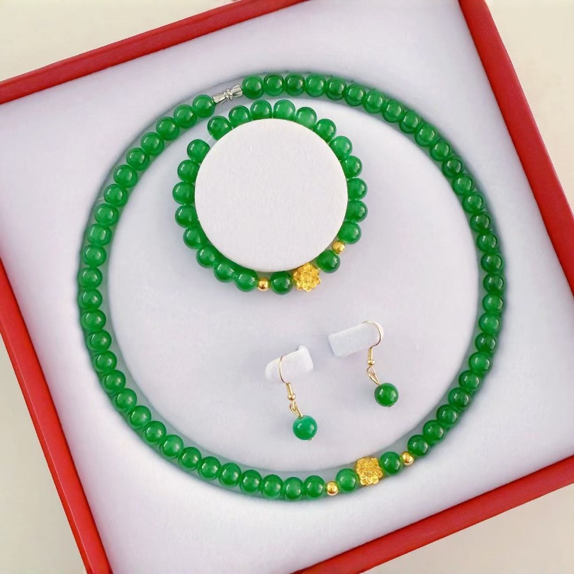 Emerald Women's New Imitation Jasper Necklace Mother Chain Three-Piece Set Rose Jewelry Necklace High-End Gift