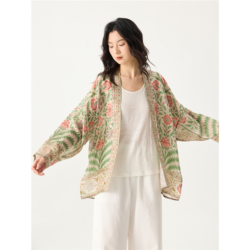 Pre-Original Quality Floral Pattern Artistic Lightweight Tencel Vacation-Style Shirt with Placement Print Sun Protection Cardigan