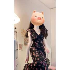 实拍～大码女装黑色碎花长款连衣裙胖藏肉显瘦收腰感长裙女