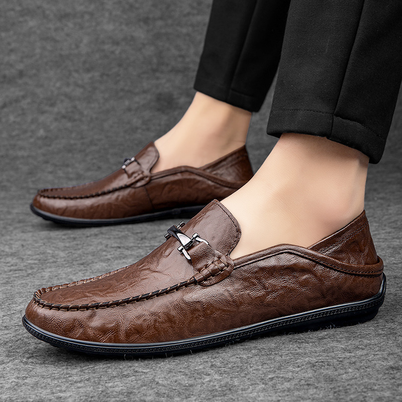 Zapatos de cuero para hombres comerciales de estilo británico, zapatos de cuero casuales de suela suave para hombres, zapatos de frijol negros, zapatos de moda.