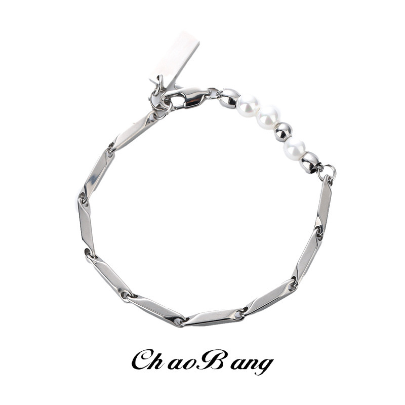 Cross-Border Pearl Rhombus Titanium Steel Bracelet for Men, Trendy, Fashionable, Simple, Unique Design, Niche Design Gift Jewelry for Women