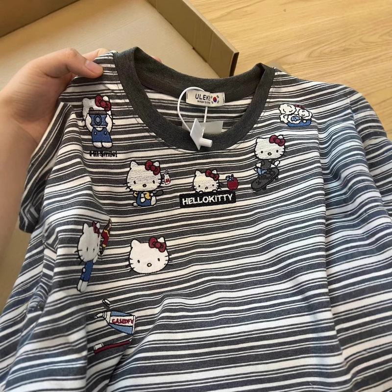 实价HelloKitty猫条纹短袖T恤男女纯棉夏宽松复古学院风百搭上衣|undefined