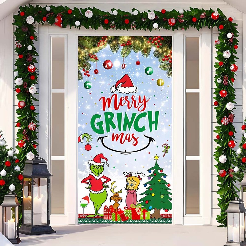 クリスマスドアカバー装飾吊り布緑の毛の怪物グリンチドアカバークリスマスモンスタードアカーテン新年タペストリードアカバー背景|undefined