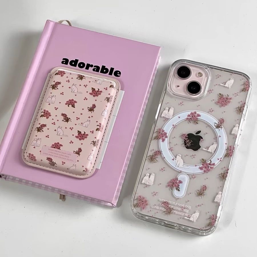 Small floral cat magnetic card bag for Apple 16promax mobile phone case iphone15/14 soft 13/12 women