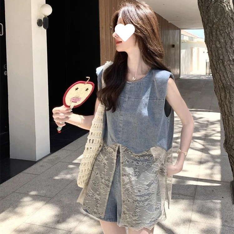 Niche Design Lace Splicing Denim Vest Set for Women 2026 Summer New Fashion Casual Shorts Two-Piece Set
