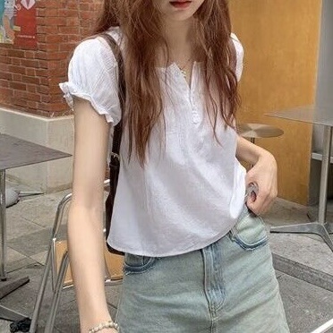 Korean-Style Simple White Shirt with Ruffled Edges and Puff Sleeves for Women, New Summer Fashion Short Slim-Fit Fresh Top Korean-Style Simple White Shirt with Ruffled Edges and Puff Sleeves for Women, New Summer Fashion Short Slim-Fit Fresh Top