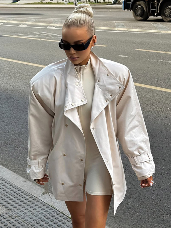 时尚设计感纯色立领带腰带风衣外套女2025跨境欧美风秋冬新款热卖|undefined