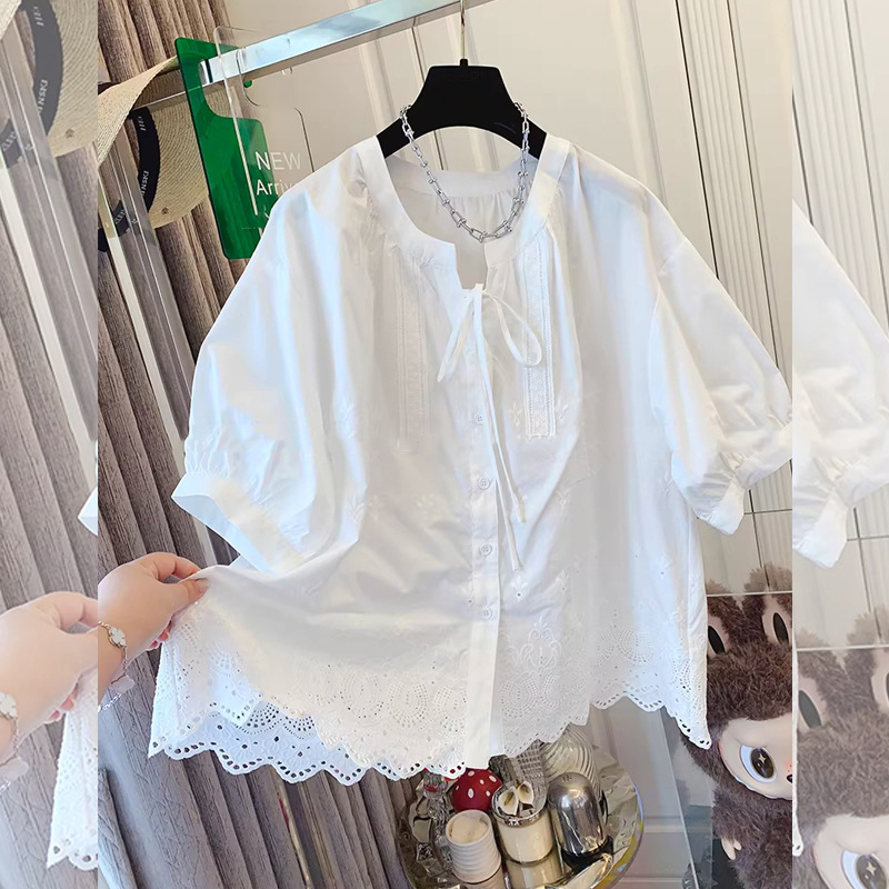 French-Style Embroidered Hollow Lace Short-Sleeve Shirt, Loose Babydoll Top, Plus-Size Fashion Summer New Versatile Trendy Top for Women