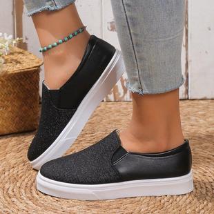 Casual Single-layer Shoes Women's 2023 Summer New Foreign Trade Large Size Round Toe Elasticated Leafy Shoes Flat Sequin Women's Shoes