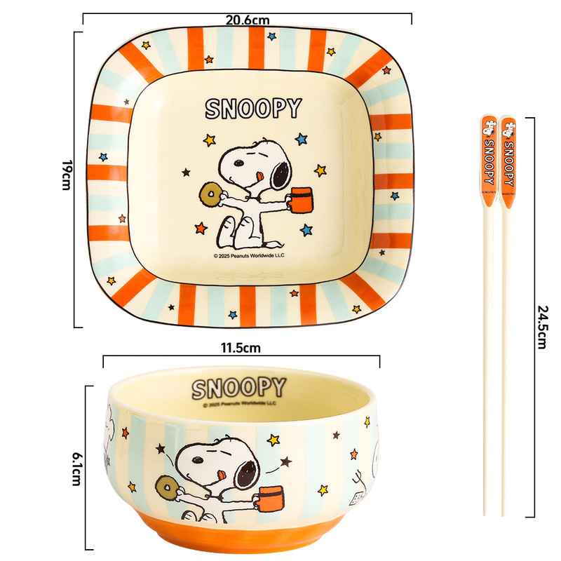 Snoopy Colorful Series Ceramic Plate Household Tableware Set Cute Kidsren's Dinner Plate Spoon Chopsticks Plate Soup Bowl Instant Noodle Bowl