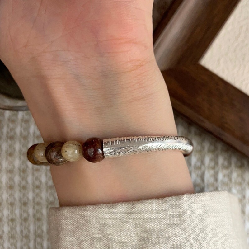 S925 Silver Natural South African Crystal Mineral Brushed Silver Tube Bracelet Vintage Niche Energy Crystal Exudes Unique Charm S925 Silver Natural South African Crystal Mineral Brushed Silver Tube Bracelet Vintage Niche Energy Crystal Exudes Unique Charm