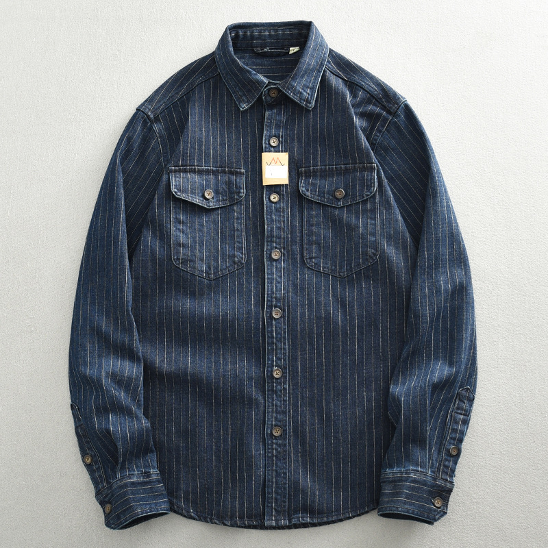 Heavy wash! Striped Denim Shirt Men's Ami Khaji Autumn Work Jacket Retro Loose plus size Shirt