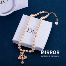 迪家法式经典玫瑰金色小蜜蜂设计珍珠项链复古时尚轻奢百搭锁骨链
