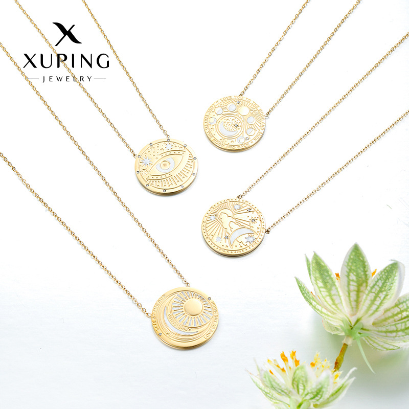Xuping acero inoxidable chapado 14k color collar de personalidad simple nicho diseño tallado collar de geometría redonda al por mayor mujer