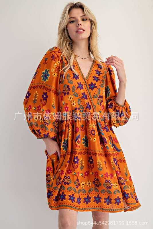 亚马逊25秋季新款跨境欧美女装印花V领宽松休闲短款长袖连衣裙女|undefined
