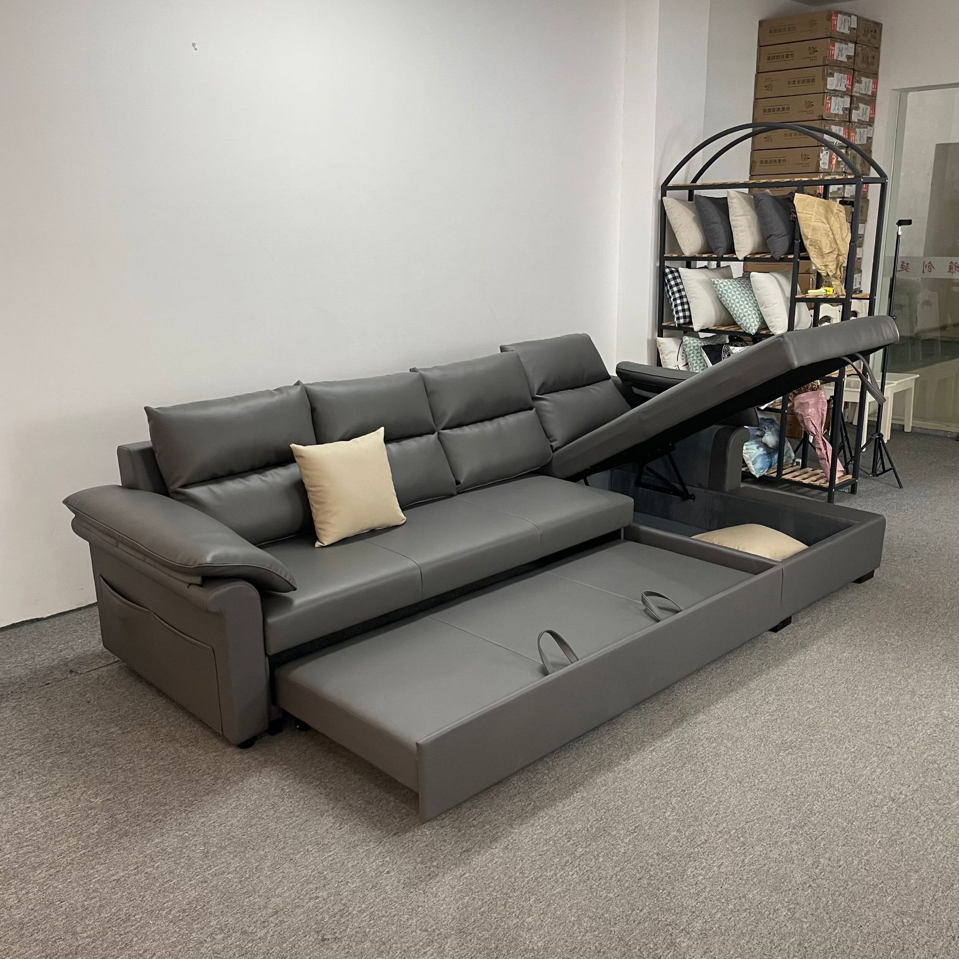 Sofá cama de cuero multifuncional de doble propósito tipo casa grande y pequeño con esquina de rotación de combinación de almacenamiento sofá cama plegable