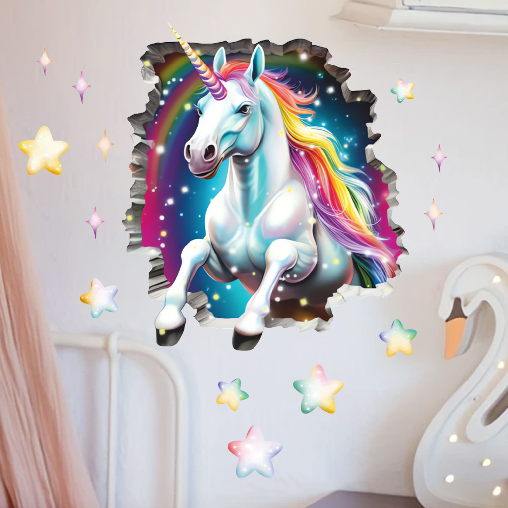 Cross-Border 3D Unicorn Breaking Wallpaper Bathroom Sticker Children's Room Background Wall_voghion.com