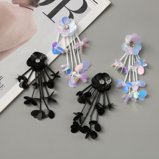 Symphony Sequin Colorful Tassel Tube Beads Crystal Flower Earrings Sweet Fashion High-End Earrings Cross-Border Jewelry