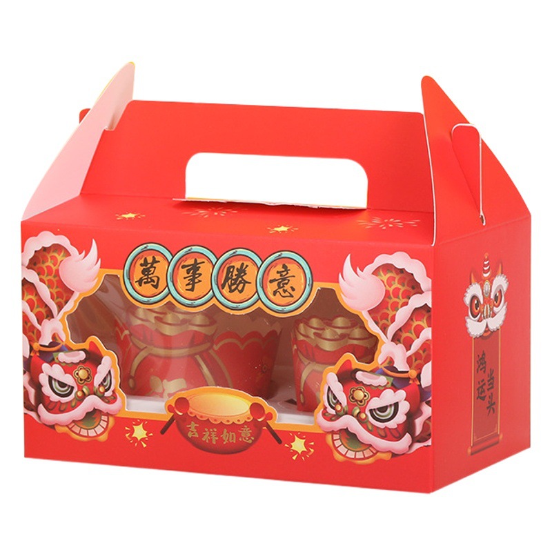 Venta directa de fábrica taza papel pastel sola rejilla 2 rojo Año Nuevo pastel caja portátil ventana transparente