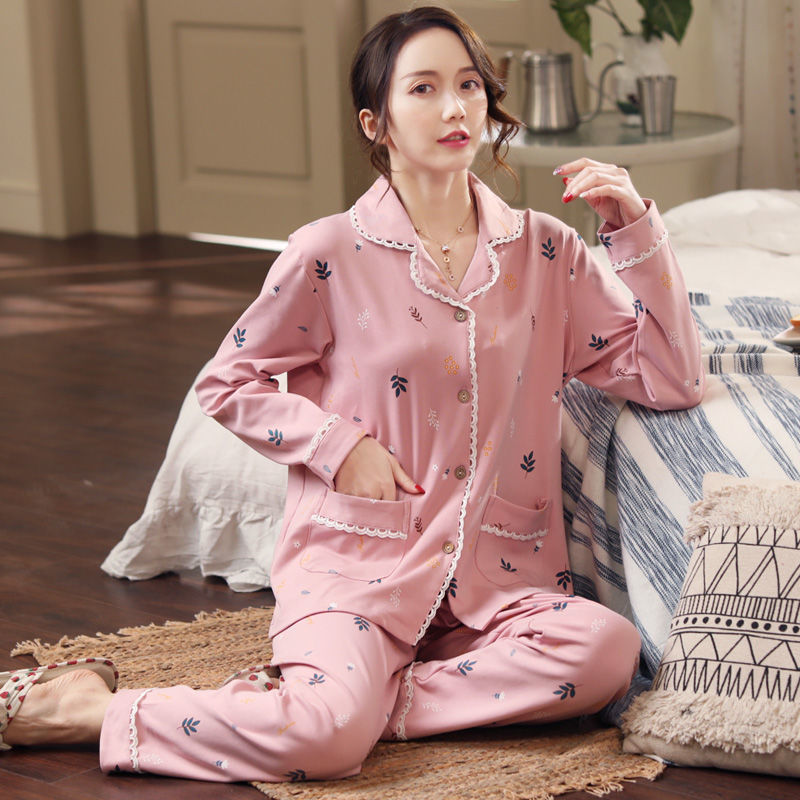 Nueva primavera y otoño manga larga más tamaño % pijamas de algodón para mujeres de mediana edad traje primavera cardigan homewear