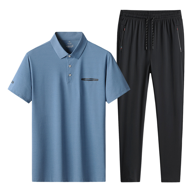 Conjunto de dos piezas de camisa polo de seda helada para hombre, ideal para el verano, estilo casual de negocios para hombres de mediana edad y mayores, con solapa y manga corta, de secado rápido. image 11