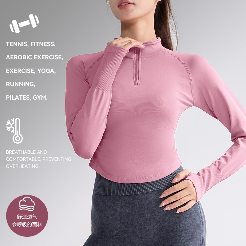 Autumn and Winter Long-Sleeved Yoga Tops for Women, Pilates Sports Long-Sleeved Yoga Clothes, Slimming Stand-Up Collar Yoga Fitness Clothes