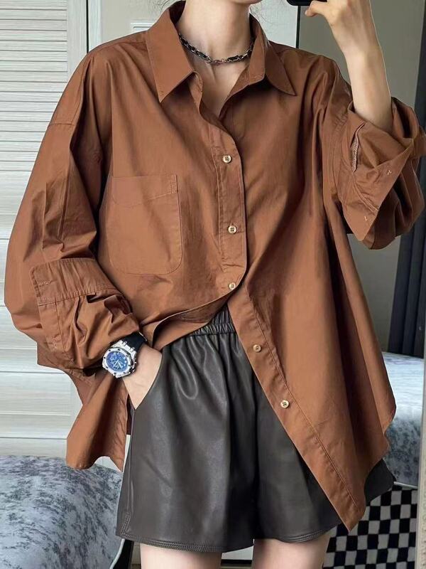 2025 Summer New Hong Kong Style Vintage Brown Pure Cotton Shirt Women's Fashion Loose Casual Mid-length Shirt