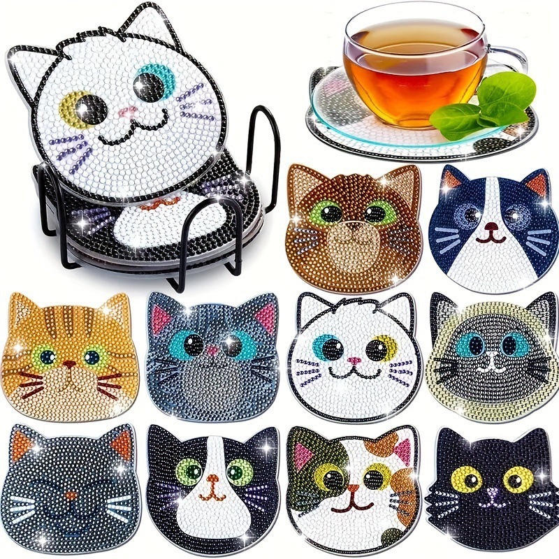 Ventas transfronterizas calientes de 8 piezas de conjunto de cojín de taza de arte de diamante, con soporte, pequeño conjunto de pintura de diamante, adecuado para adultos